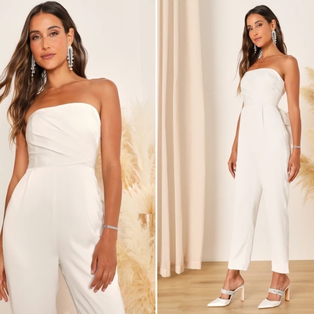 LULU's Wedding Bridal Shower Bachelorette HOneymoon Chic Satin Jumpsuit - Picture 4 of 6
